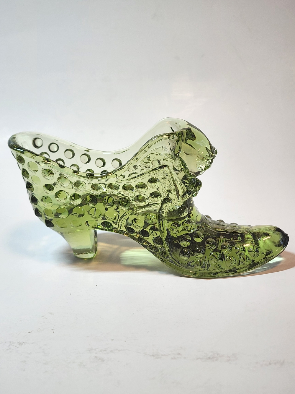 Fenton Olive Green Hobnail Glass Shoe Figurine
